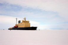 Caption: The Kapitan Khlebnikov cruise ship is a former Russian icebreaker which has been converted to a cruise liner. It makes frequent trips to Antarctica. This photo was taken in McMurdo Sound. 