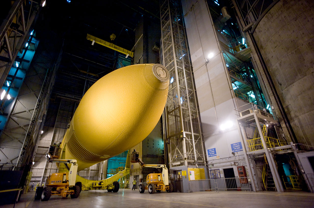 NASA&#039;s last space shuttle external tank, ET-94, seen here at the Michoud Assembly Facility in 2012, will be given to the California Science Center to go on display with Endeavour. 