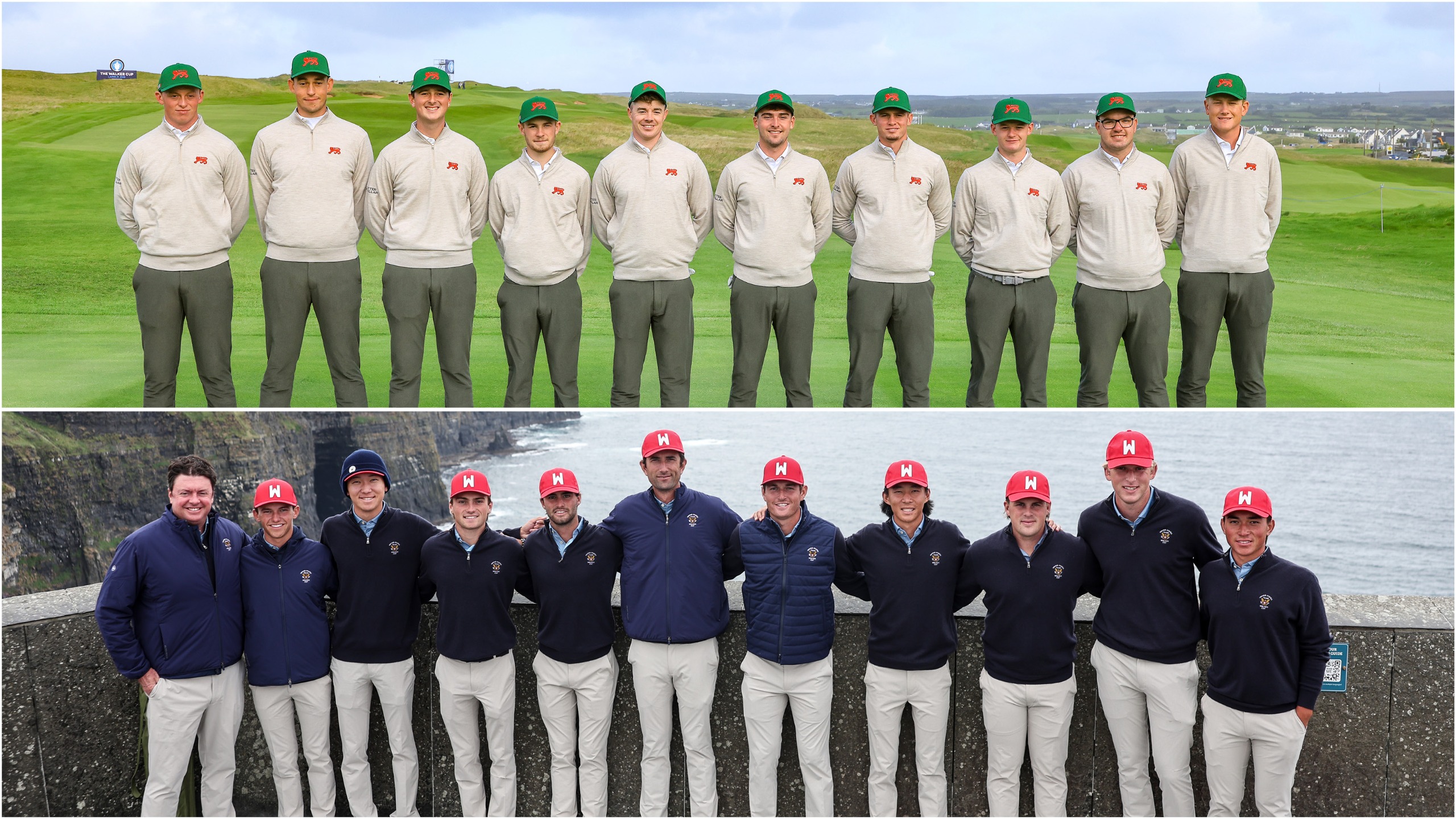 The 2026 GB&amp;I and USA Walker Cup teams pose for two group photos