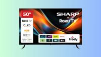 Roku Sharp 4K TV on a blue and green background