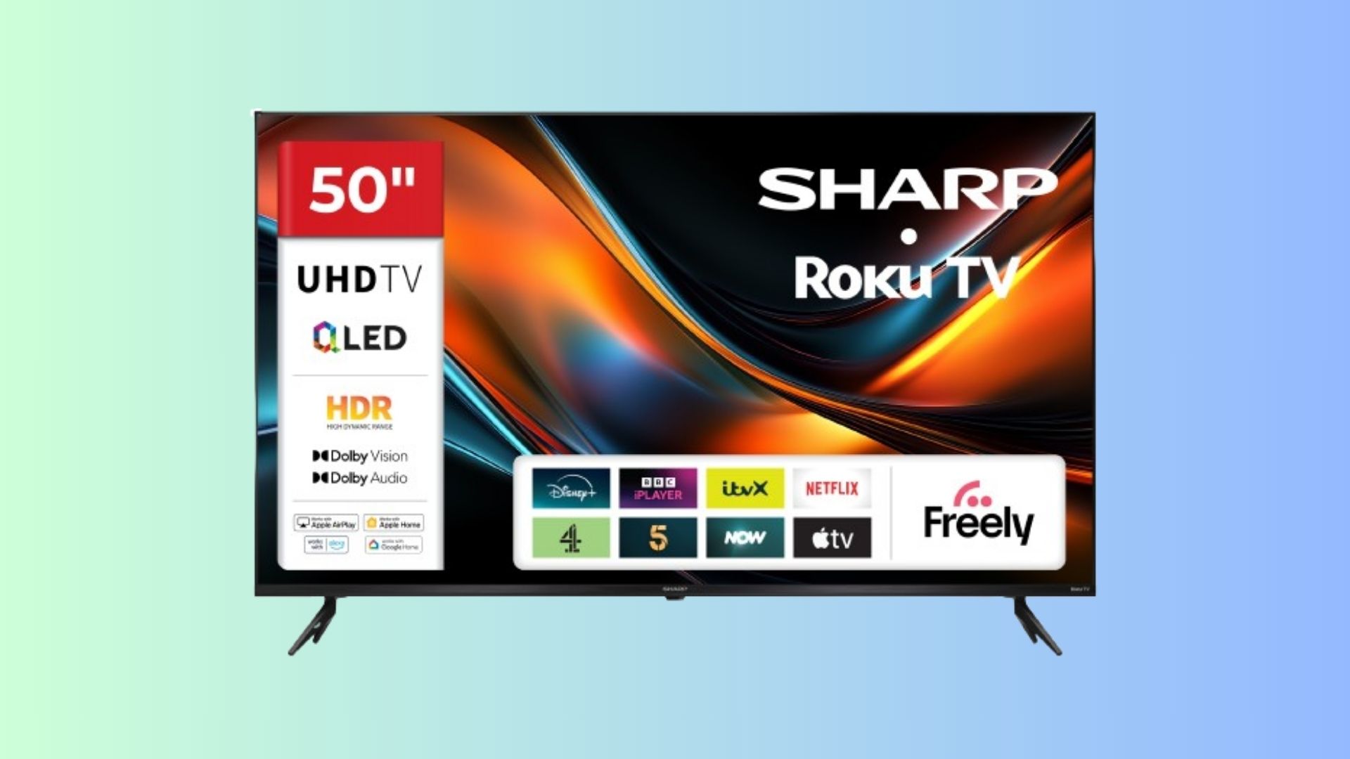 Roku Sharp 4K TV on a blue and green background