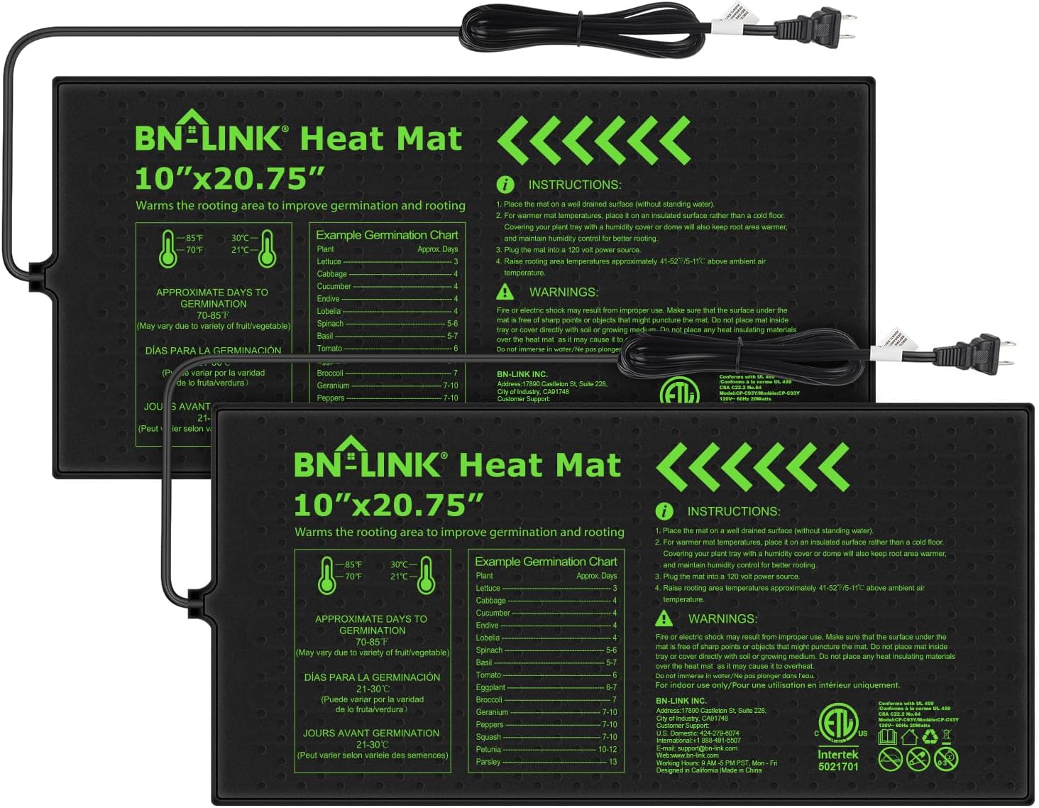 Bn-Link Durable Seedling Heat Mat for Seed Starting 10" X 20.75", 2 Pack Waterproof Warming Mat Plant Heating Pad for Seed Germination, Indoor Growing, Hydroponic, Greenhouse, Etl Listed