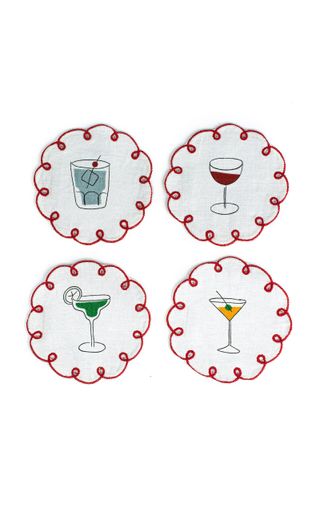 Set-Of-Four Fête Embroidered Linen Coasters