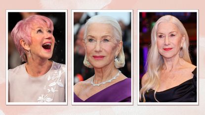 Helen Mirren is pictured with a pink pixie cut, a slicked-back bob and long, side-swept hair look in a pink watercolour paint-style template