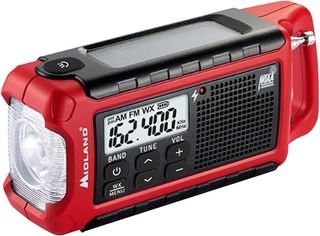 A red Midland ER210 emergency crank weather radio