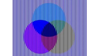 An optical illusion showing three circles on a striped background