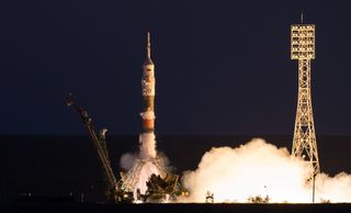 The Soyuz MS-05 rocket carrying Expedition 52 flight engineer Sergei Ryazanskiy of Roscosmos, flight engineer Randy Bresnik of NASA and flight engineer Paolo Nespoli of the European Space Agency launches into space from Baikonur Cosmodrome, Kazakhstan on Friday, July 28, 2017.