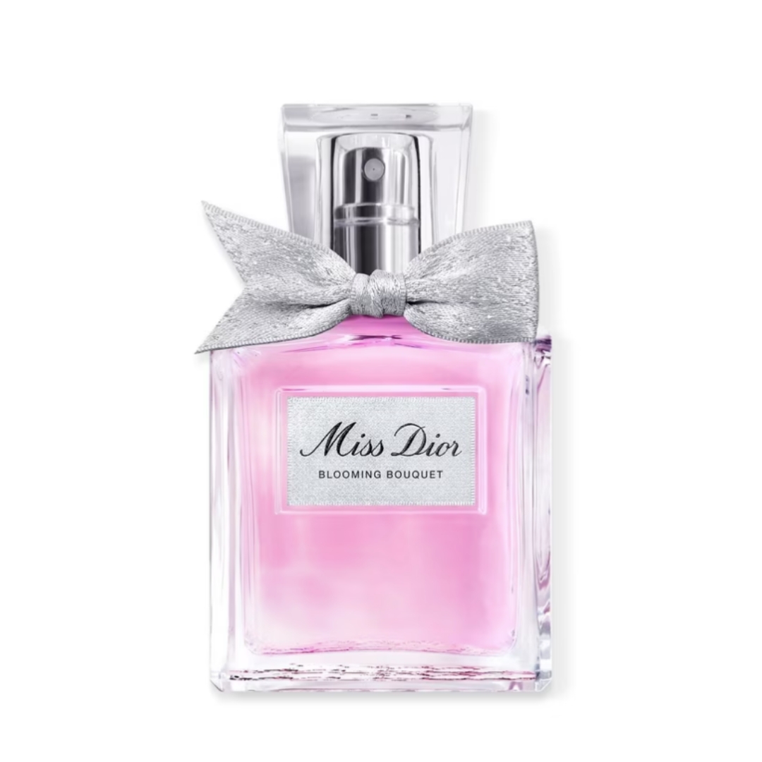 A product shot of the Miss Dior Blooming Bouquet eau de toilette, on a white background
