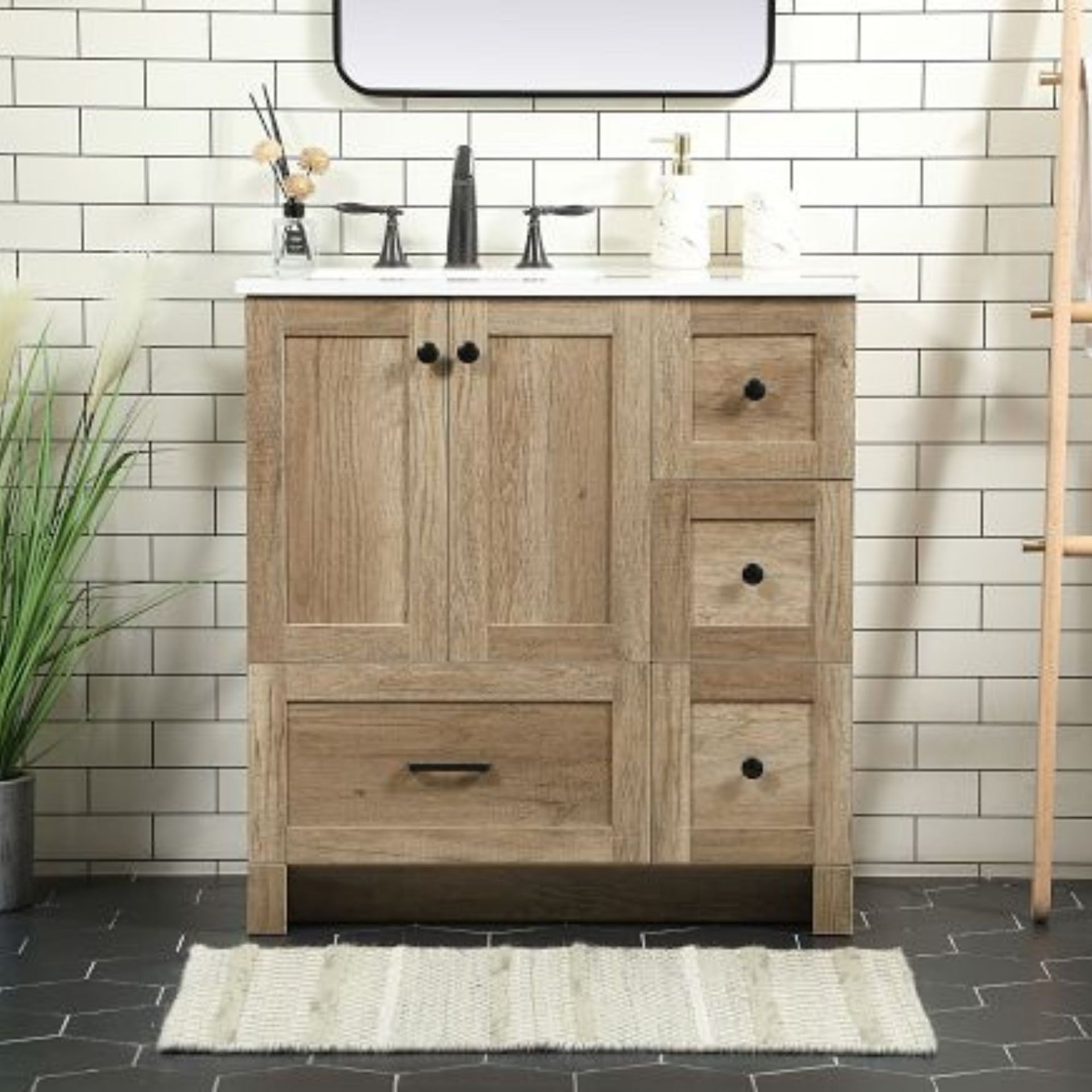 Alderson Vanity against a white bathroom wall.