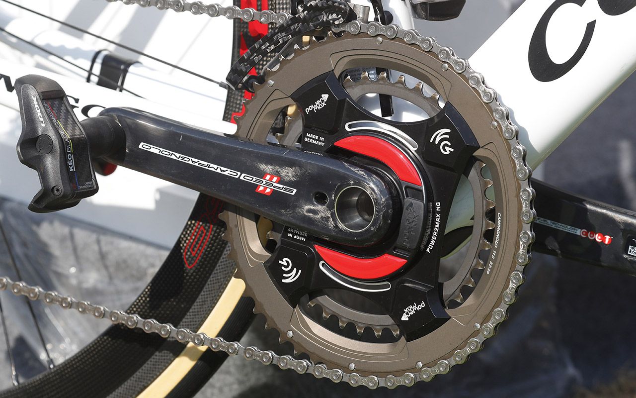 The Campagnolo crankset is paired with a Power2Max power meter