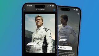 Two iPhones on a blue background showing Brad Pitt in an F1 trailer