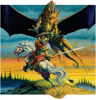 50th anniversary of Dungeons & Dragons; mounted warrior fights dragon