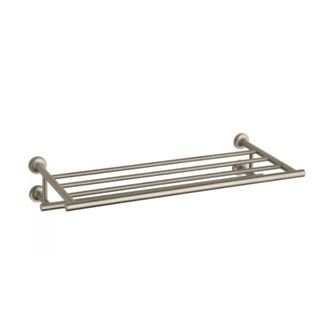 A brushed nickel colored towel wall shelf with three metal bars
