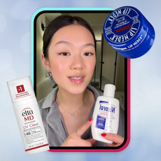 Charine Cheungg holds up her favorite unsexy beauty products in her bathroom in a collage surrounding her with her favorite unsexy beauty products