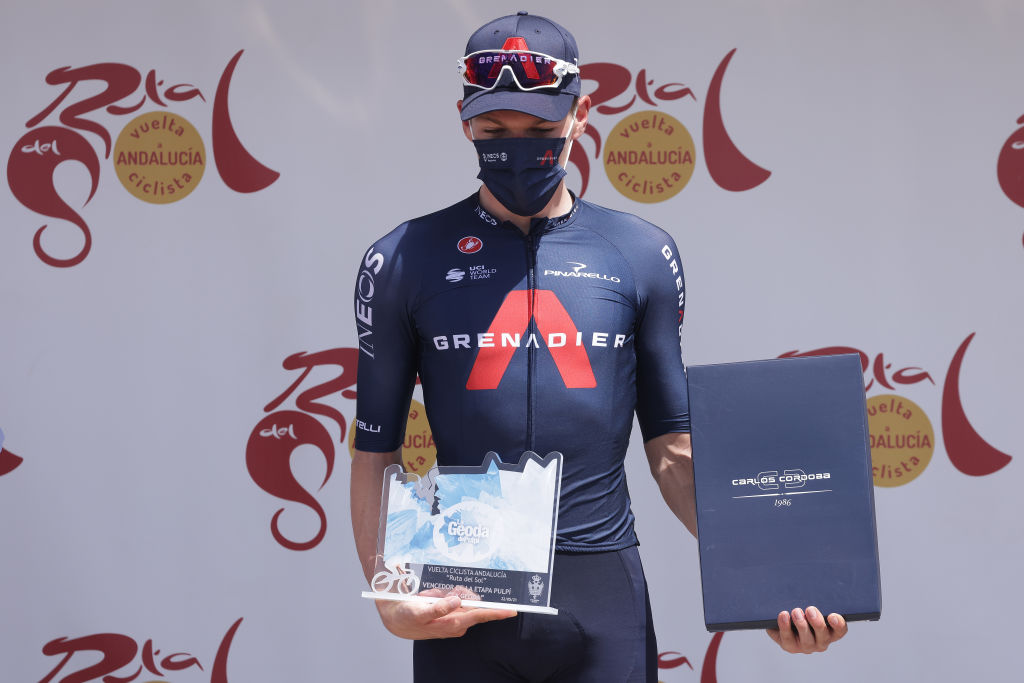 PULP SPAIN  MAY 22 Ethan Hayter of United Kingdom and Team INEOS Grenadiers celebrates at podium during the 67th Vuelta A Andalucia  Ruta Del Sol 2021 Stage 5 a 1145km stage from Vera to Pulp  Trophy  VCANDALUCIA  on May 22 2021 in Pulp Spain Photo by Gonzalo Arroyo MorenoGetty Images