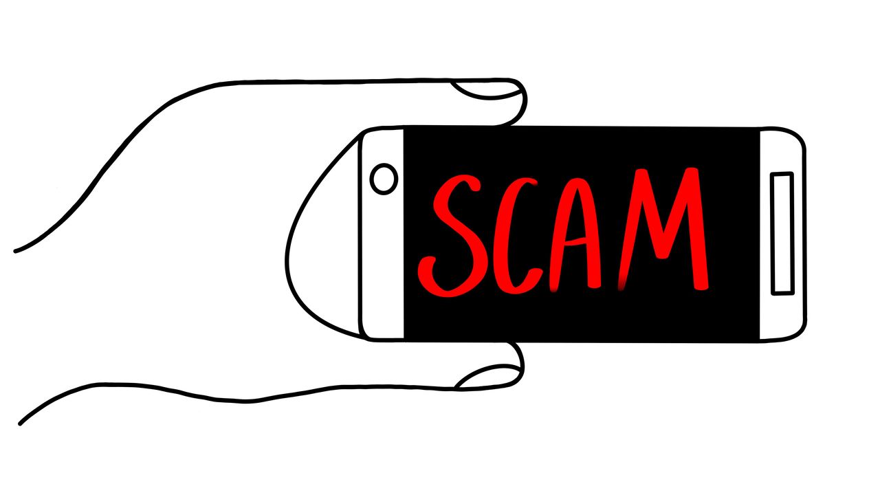 Drawing of smartphone with scam written on the screen