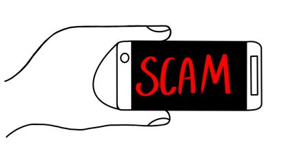 Drawing of smartphone with scam written on the screen.