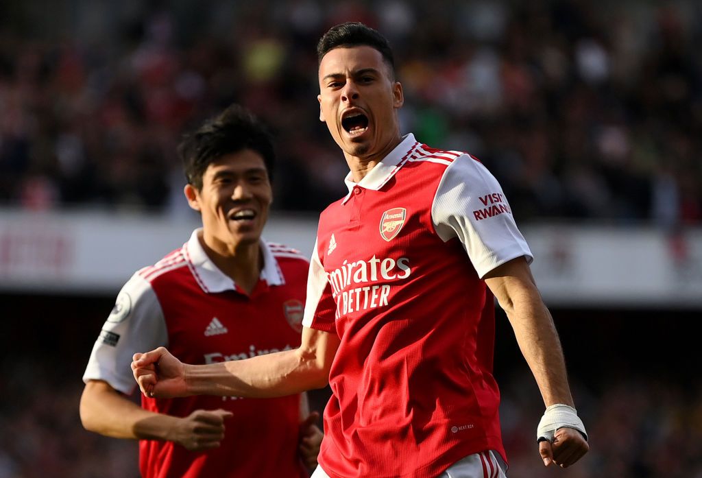 Arsenal star Gabriel Martinelli after scoring their team&#039;s first goal during the Premier League match between Arsenal FC and Liverpool FC at Emirates Stadium on October 09, 2022 in London, England.