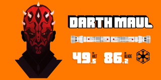 Darth Maul holding and his lightsaber statistics