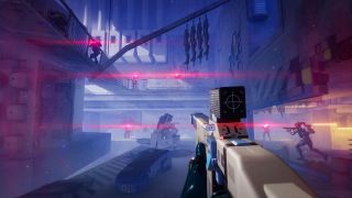 Marathon Security Clearance: A first-person image of a player holding their weapon at the ready while five UESC robots around the room turn at them with glowing red lights.