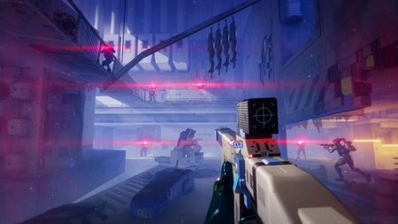 Marathon Security Clearance: A first-person image of a player holding their weapon at the ready while five UESC robots around the room turn at them with glowing red lights.