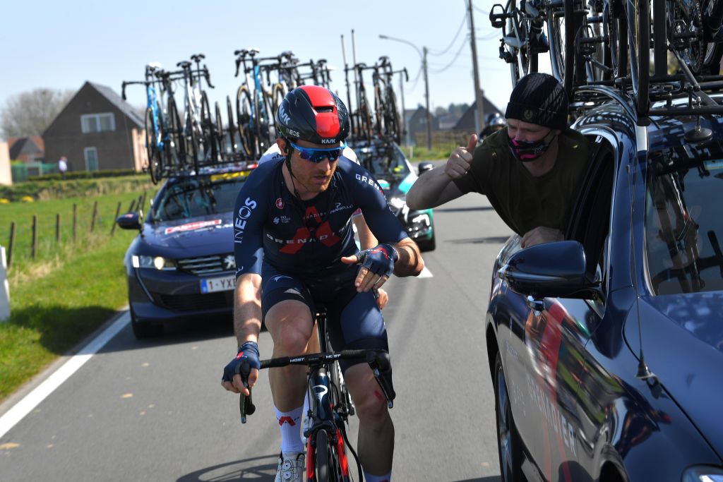 WAREGEM BELGIUM MARCH 31 Leonardo Basso of Italy and Team INEOS Grenadiers during the 75th Dwars Door Vlaanderen 2021 Mens Elite a 1841km race from Roeselare to Waregem Mechanic Car DDV DDV21 FlandersClassic A travers la Flandre on March 31 2021 in Waregem Belgium Photo by Luc ClaessenGetty Images