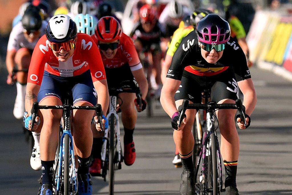 DOUR BELGIUM MARCH 02 Sprint Arrival Lotte Kopecky of Belgium and Team Liv Racing Celebration Emma Norsgaard Jorgensen of Denmark and Movistar Team during the 10th Le Samyn des Dames 2021 Womens Elite a 925km race from Quaregnon to Dour GPSamyn on March 02 2021 in Dour Belgium Photo by Mark Van HeckeGetty Images