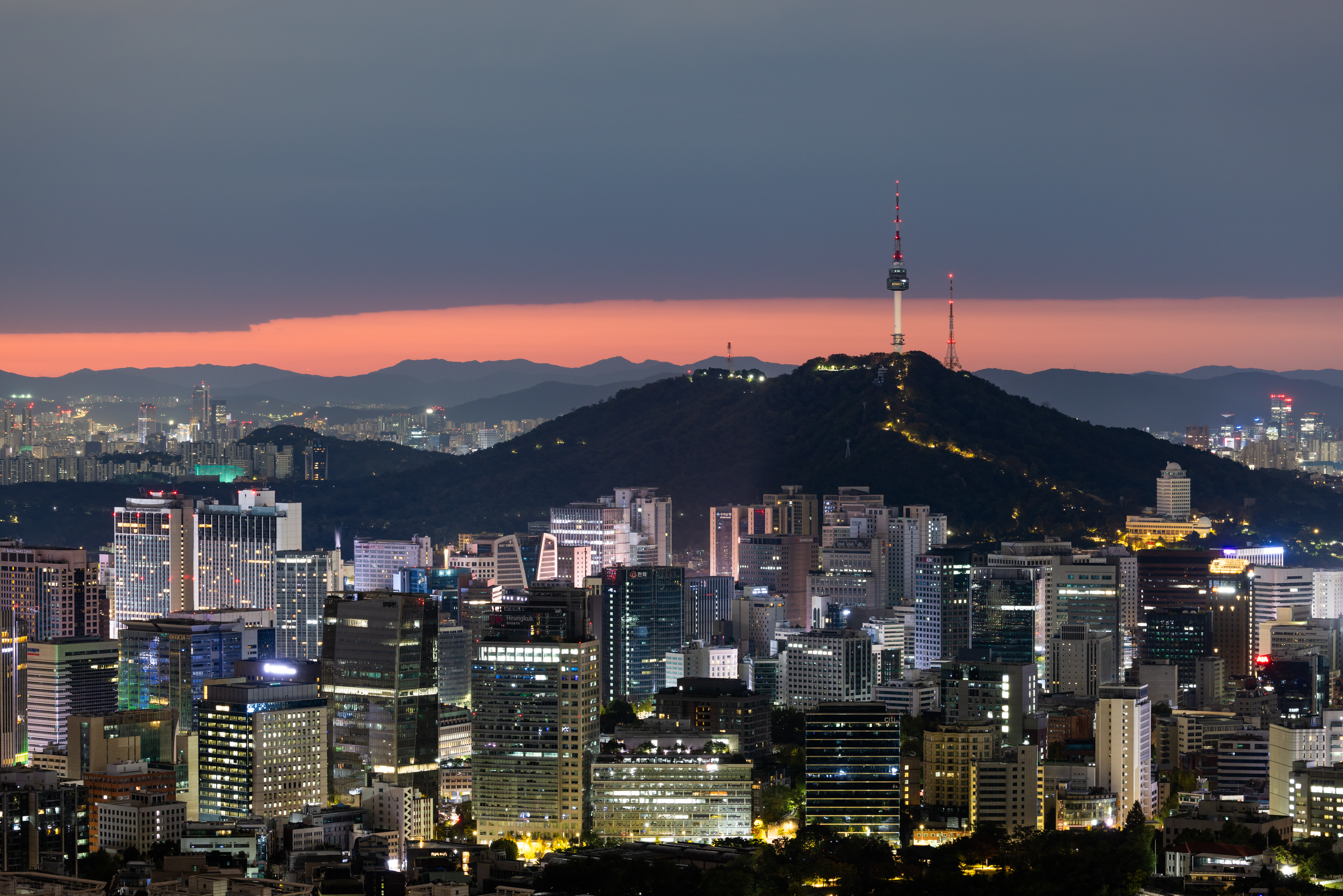 An aerial view of Seoul at night