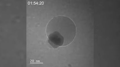 A microscopic image of a bubble of water formed around a chunk of palladium