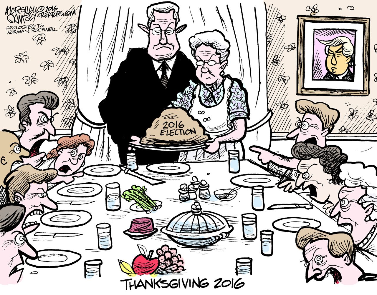 Political cartoon U.S. 2016 election Donald Trump win Thanksgiving