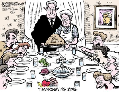 Political cartoon U.S. 2016 election Donald Trump win Thanksgiving
