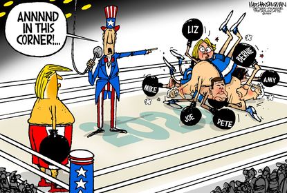 Political Cartoon U.S. Trump Bernie Sanders Joe Biden democratic primaries 2020 election boxing ring