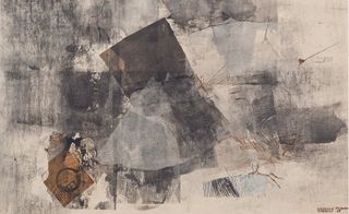 An abstract collage painting in shades of grey and brown