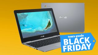 The Asus CX22NA Chromebook and a black friday logo