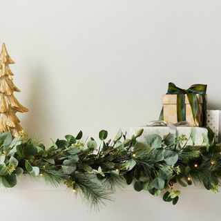 Lit Faux Eucalyptus and Pine Wreath & Garland