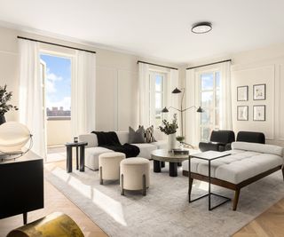 White foot stools and bench cushions, black chairs