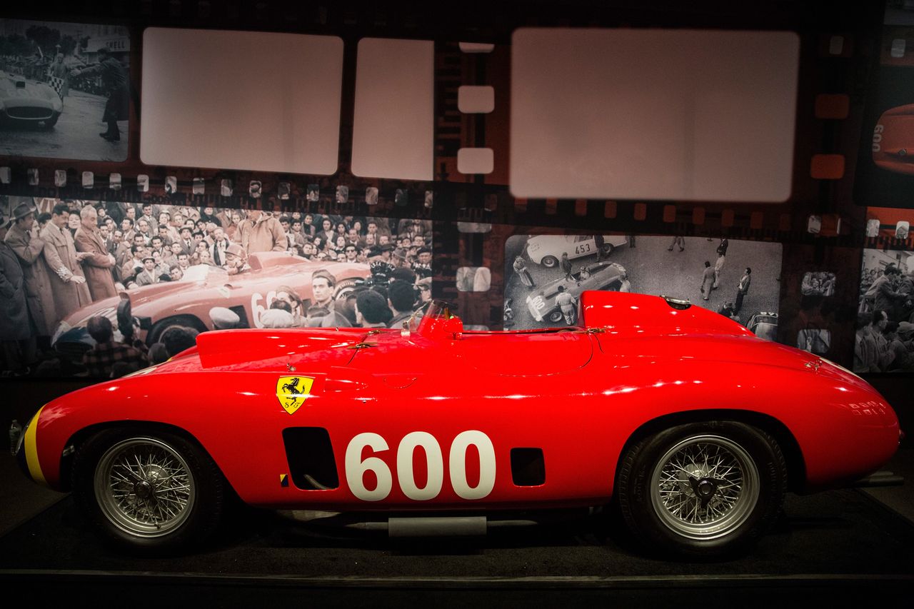NEW YORK, NY - DECEMBER 04:A 1956 Ferrari 290 MM by Scaglietti sits on display at Sotheby's during a press preview before the "Driven by Disruption" auction on December 4, 2015 in New York Ci
