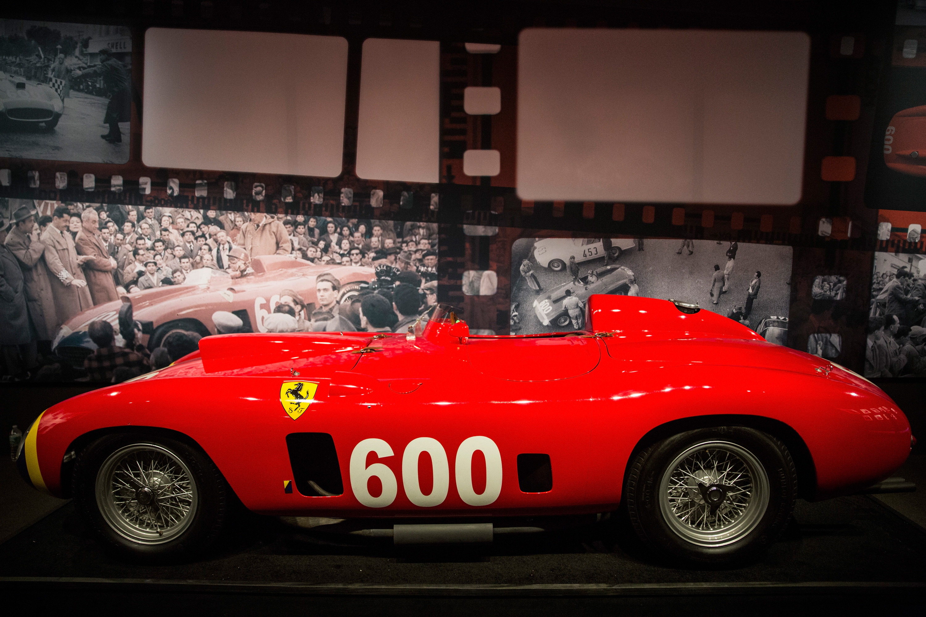 NEW YORK, NY - DECEMBER 04:A 1956 Ferrari 290 MM by Scaglietti sits on display at Sotheby's during a press preview before the "Driven by Disruption" auction on December 4, 2015 in New York Ci