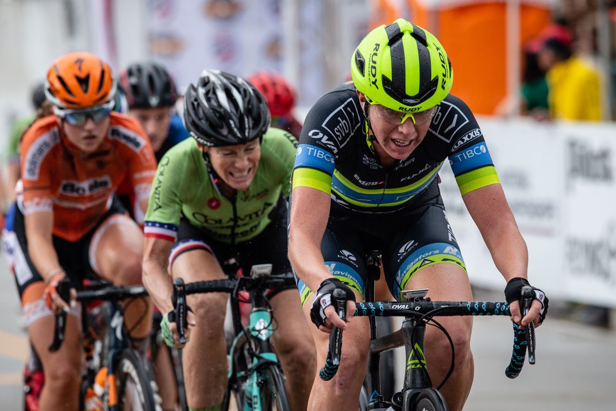 Riders struggle in the rain during the US Pro Criterium