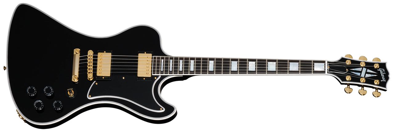 Gibson RD Custom: the cult-classic electric guitar returns in an Ebony finish, with the full Custom aesthetic of block inlays on an ebony fingerboard, multi-ply binding, and gold hardware and pickup coverings.