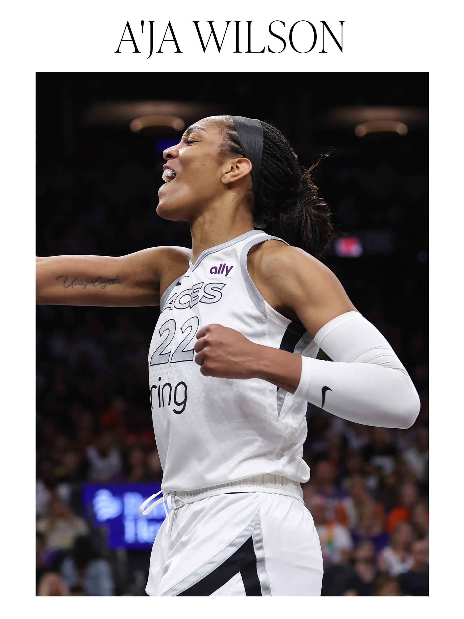 A'ja Wilson #22 of the Las Vegas Aces reacts after getting fouled but missing the shot during the second half against the Phoenix Mercury at PHX Arena on June 29, 2025 in Phoenix, Arizona.