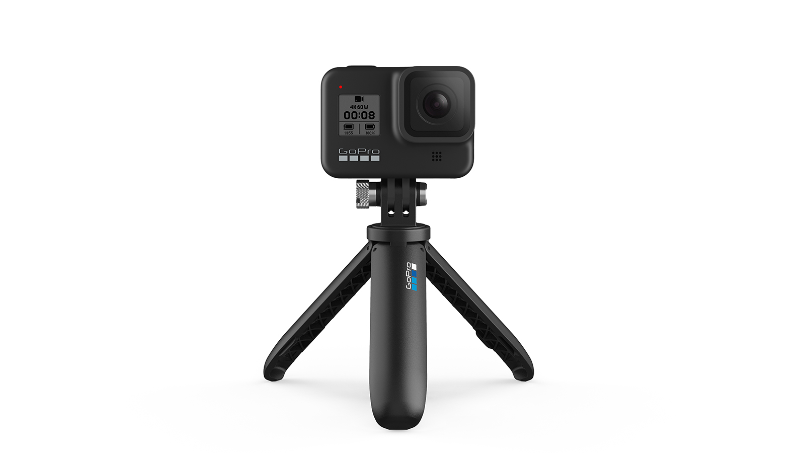 GoPro Hero 8 Black photographed attached to a mini GoPro tripod