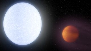 Illustration of a white dwarf star next to a large, hot planet