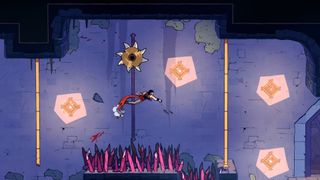 The prince protagonist leaps over a pit of red spikes in a cave