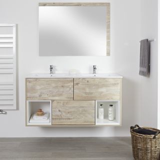 wooden double sink unit with two three drawers and two storage cubes