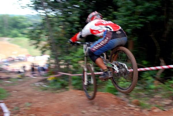 Action in the elite men's downhill.
