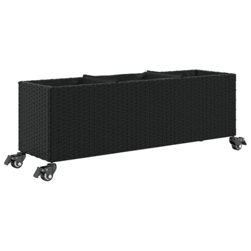 Mobile Outdoor Garden Planter With Wheels and 3 Pots for Flowers Plants, 107x32x38 Cm Black Poly Rattan Patio Planter Box With Lockable Castors, Durable Weather-Resistant Steel for Balcony Terrace