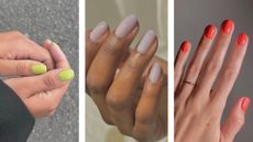 A selection of summer nails 2025: on the left, is a close-up of hands with olive-green nails and in the middle is a hand with lavender almond nails, both of which were created by nail artist, Julia Diogo (@paintedbyjools). On the right, is a hand with coral-orange nails, created by nail artist, Mateja Novakovic (@matejanova)