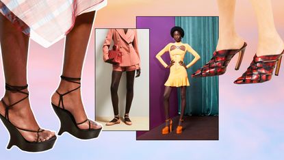 graphic of summer 2023 shoe trends including flatforms, strappy sandals, and arts and crafts style shoes