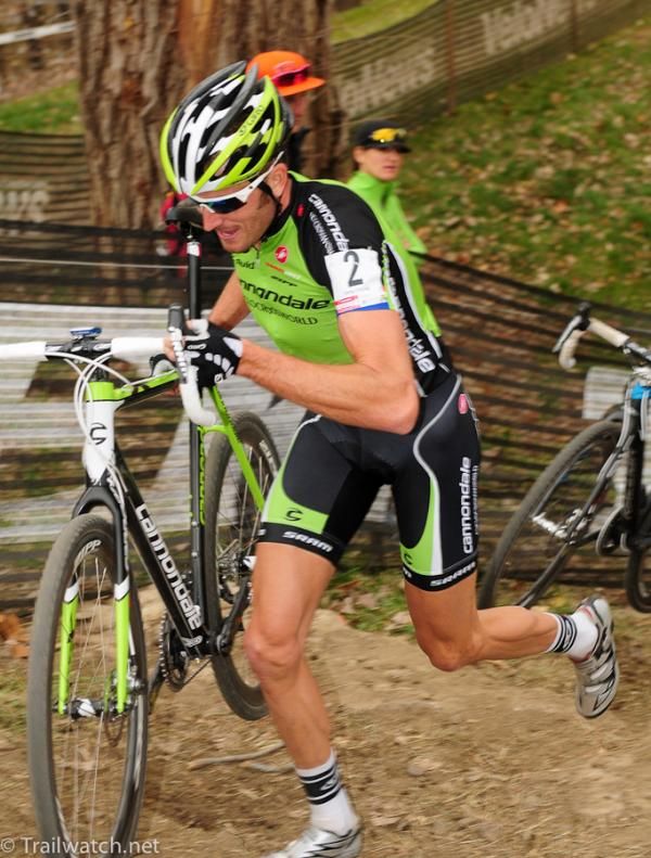 Ryan Trebon (Cannondale) using his long legs to run the stone stairs